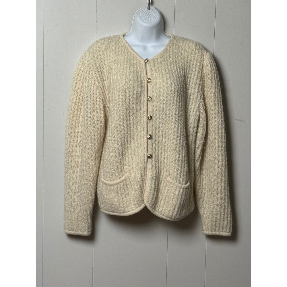 Tanner Women's Vintage Cream Ribbed Knit Cardigan Gold Button Sweater Size XL